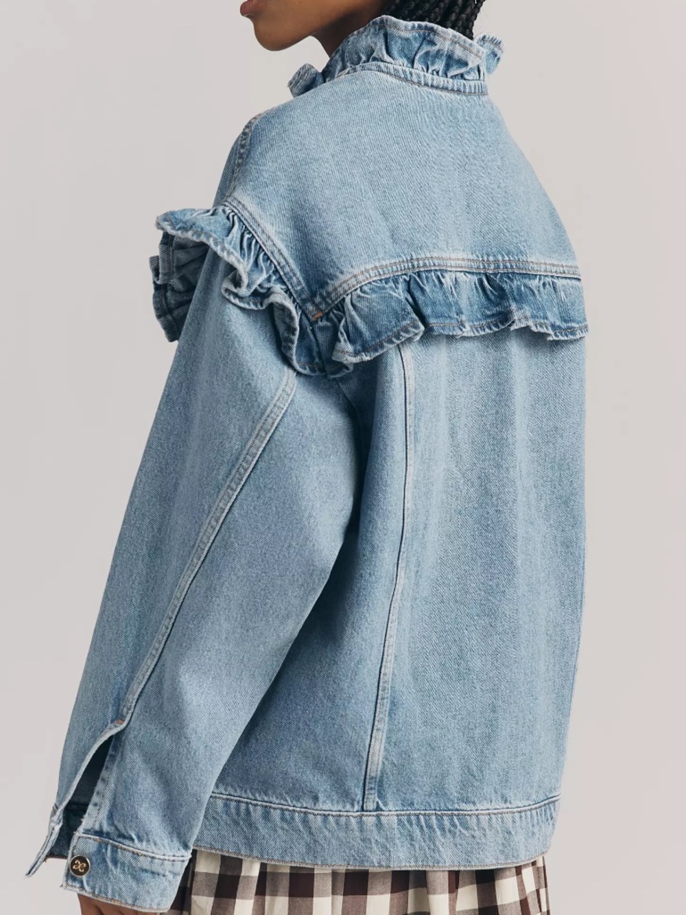 Anthropologie Maeve Denim Ruffle Trucker Jacket OVERSIZED FIT size M nwt - Picture 2 of 4